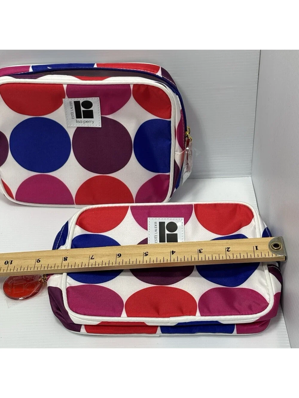 Lisa Perry for Estee Lauder Cosmetic Bag Set 2pc Red Blue Purple Polka Dot Bags